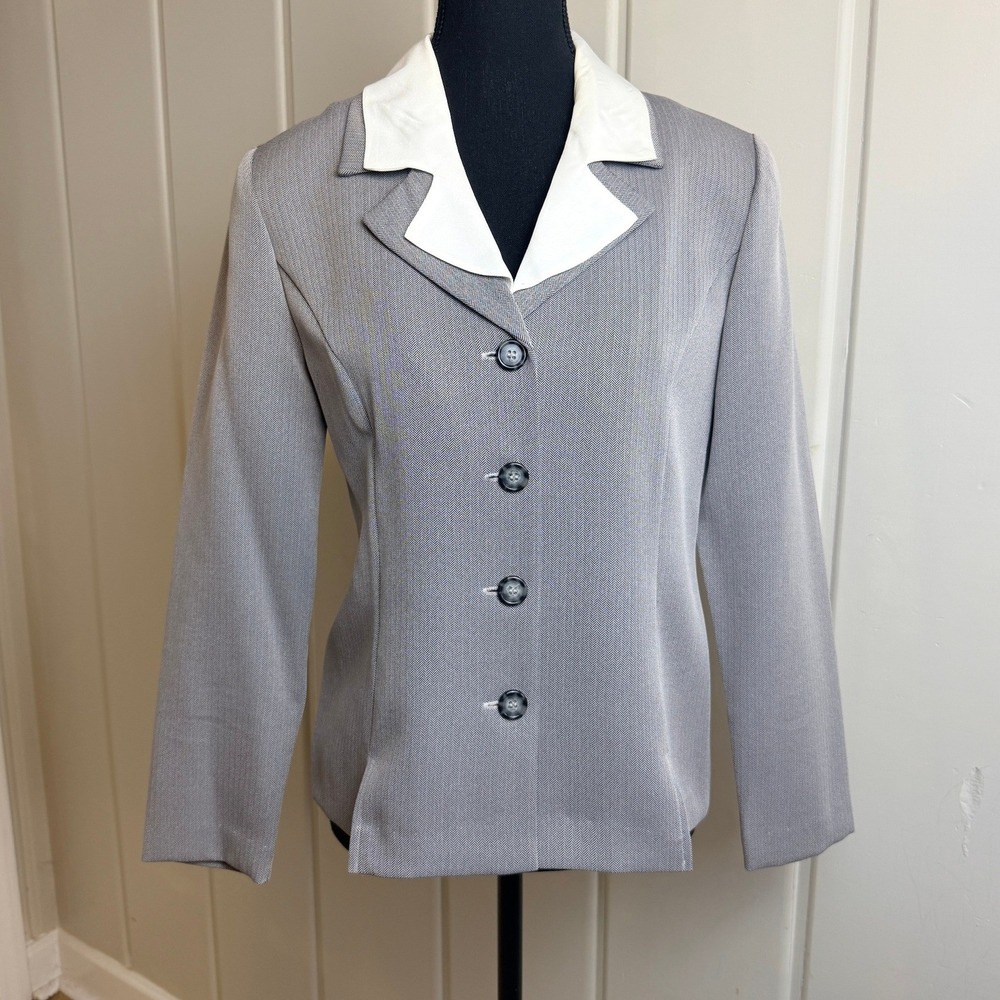 Fashion Bug Petite Grey Herringbone Blazer White Contrast Collar Jacket 8P
